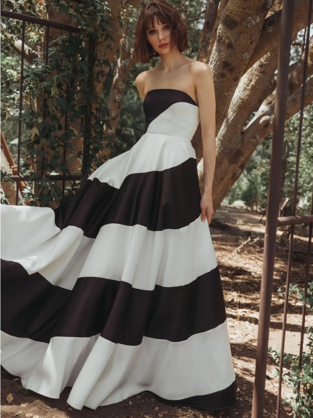 Mac Duggal by Ieena Black and White Striped Satin Strapless Ball Gown